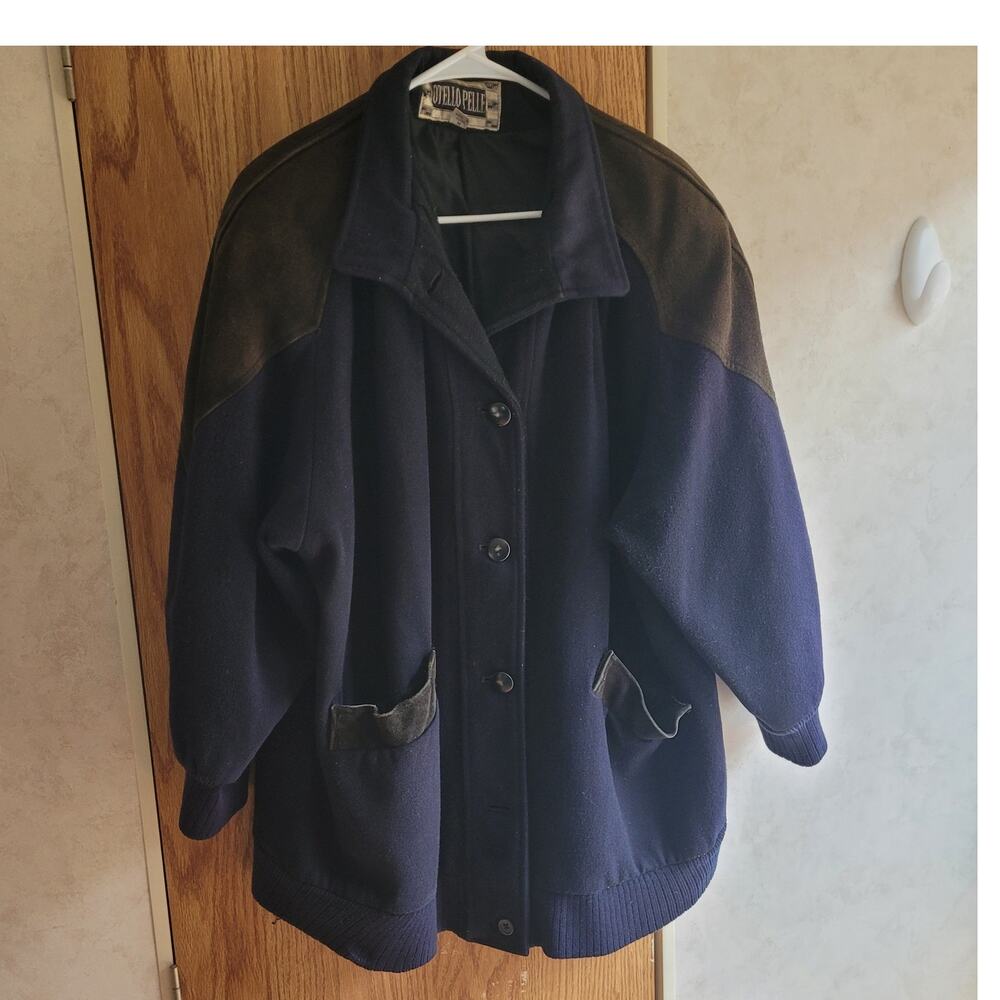 Vntg Othello Pelle Korea Wool Leather Trim Coat M Navy Black Old Money Heritage